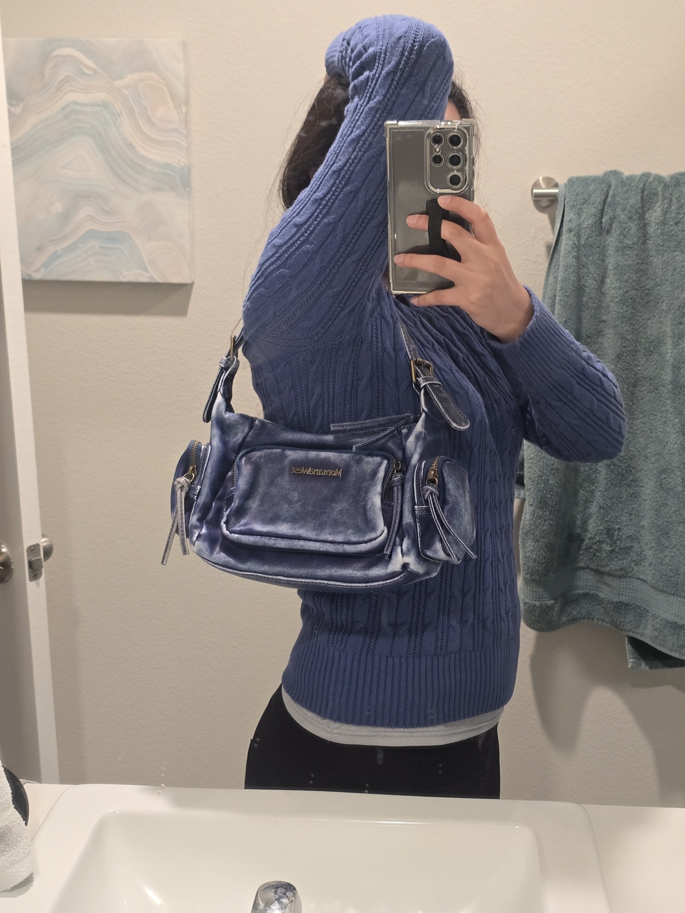 Montana West Distressed Navy Blue Shoulder Bag with Gold Hardware - Picture 4 of 4